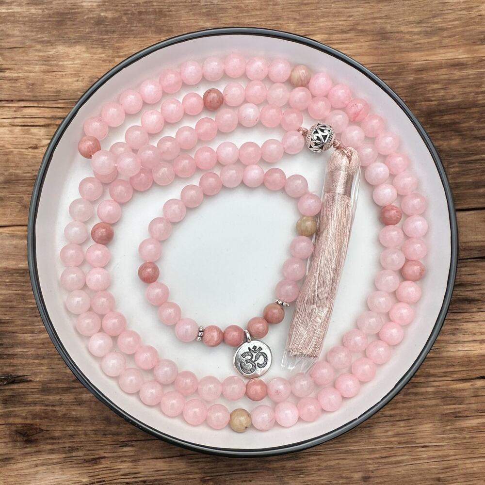 Pink Quartz Mala Beads with OmCharm –108 Bead Meditation Necklace & Bracelet Set